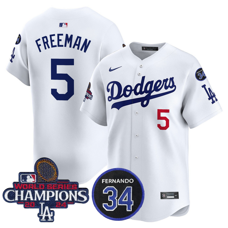 Men MLB Los Angeles Dodgers 5 Freeman white 2024 World Series Champions Patch Limited Jersey